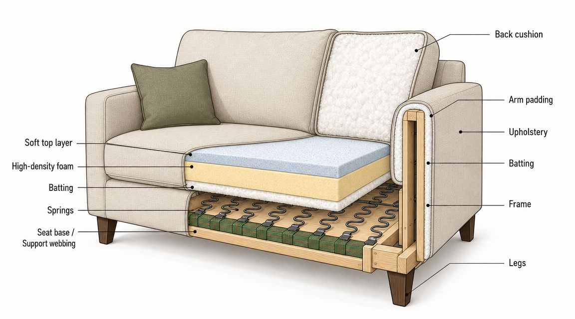 A cutaway illustration of a sofa revealing its internal structure, layers, cushioning, springs, and wooden frame.