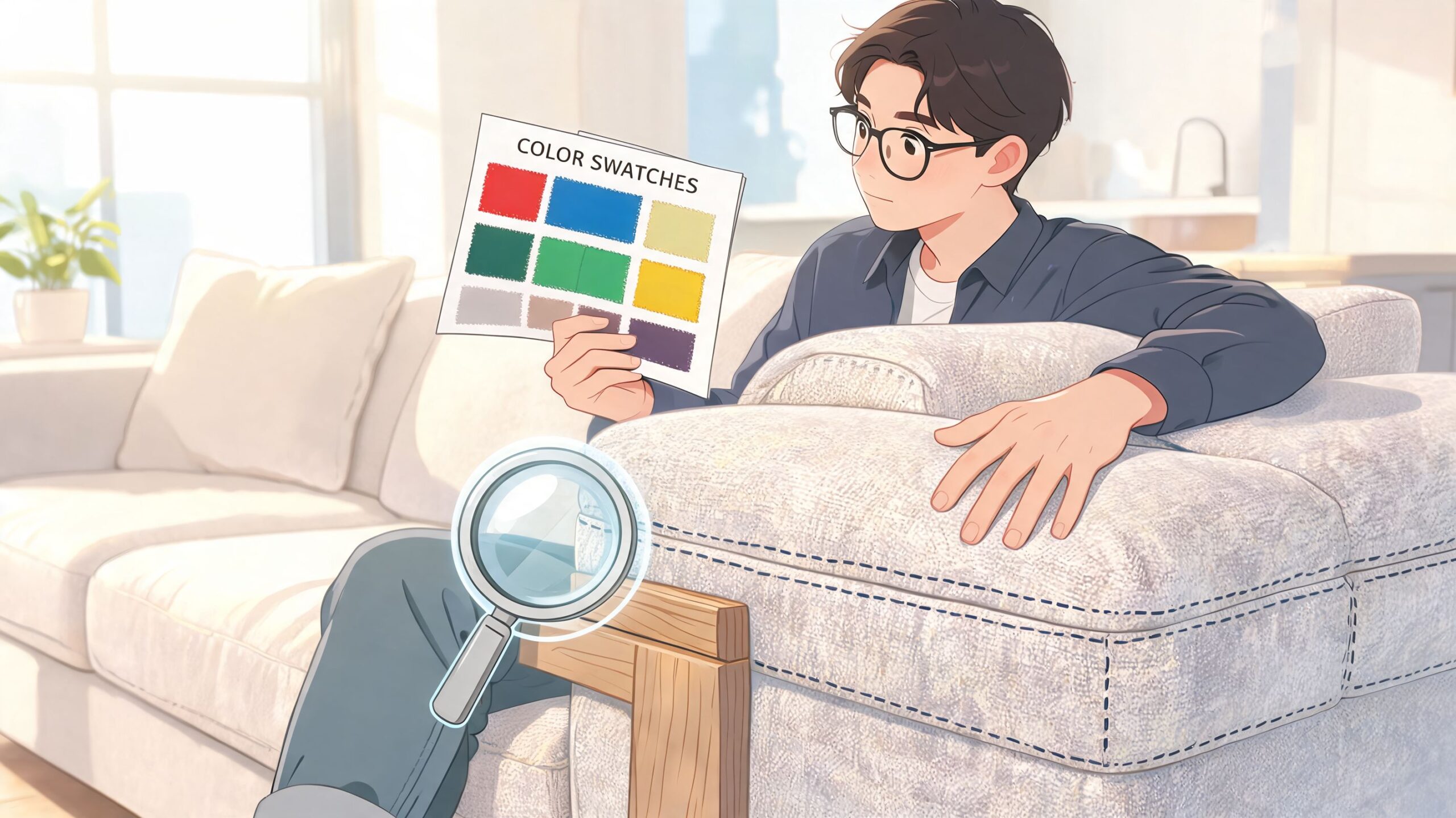 A young man sitting on a modular sofa looking at color swatches to choose fabric colors.