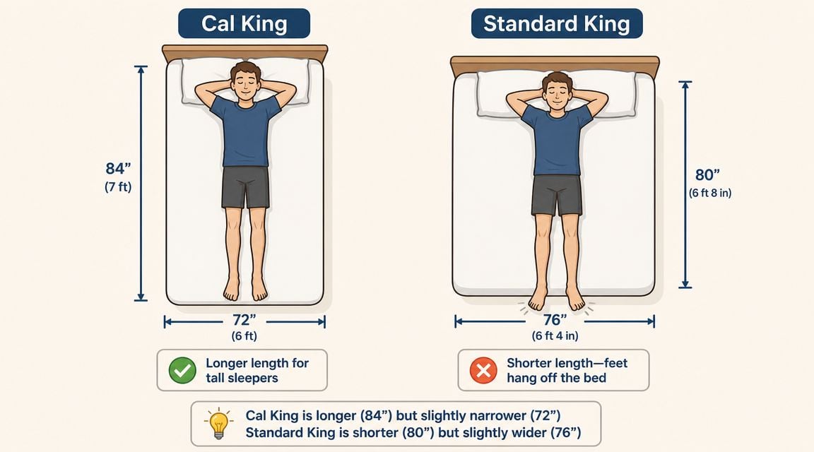 A comparison illustration showing dimensions of a California King bed versus a Standard King bed.