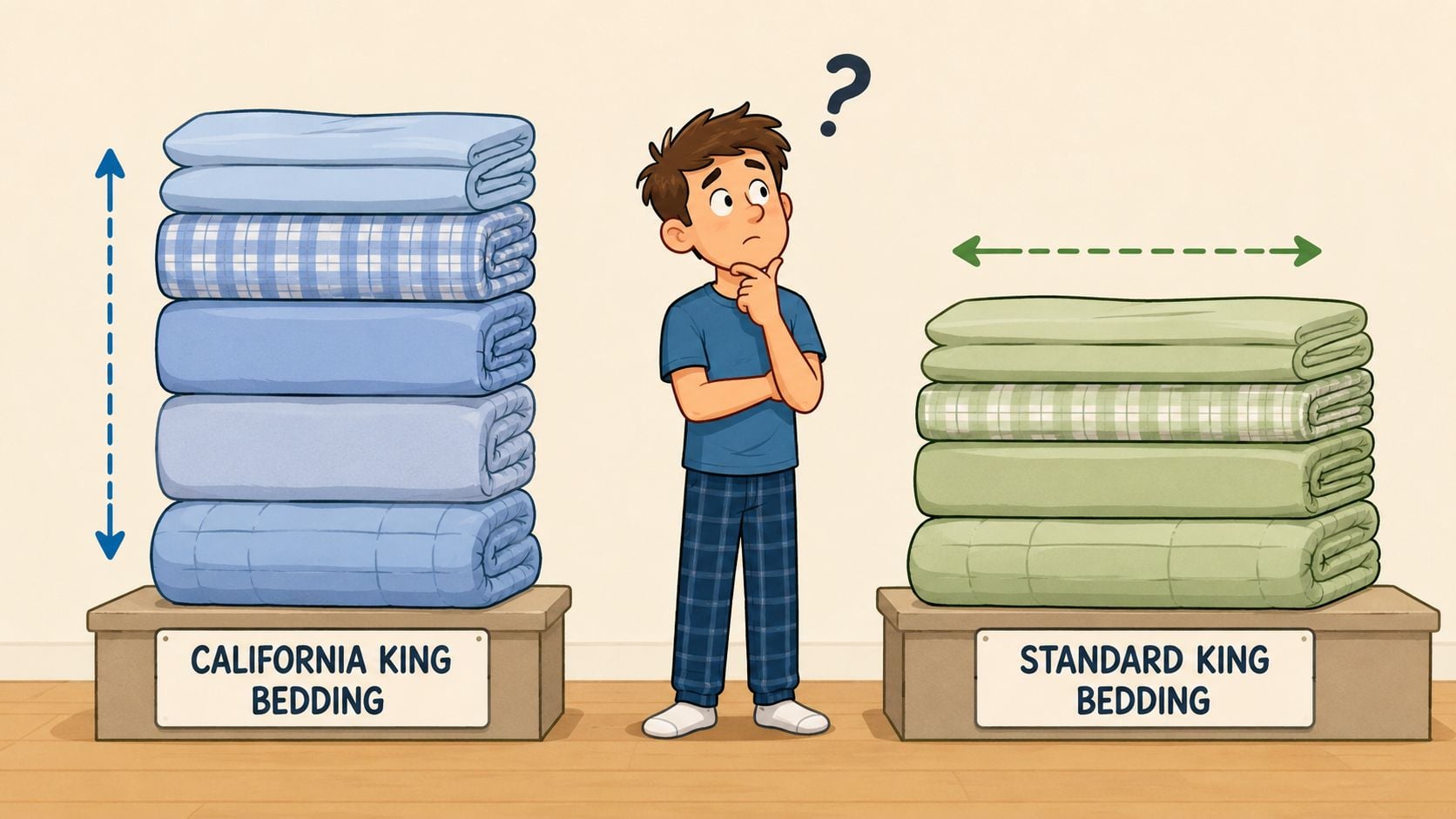 A confused boy comparing the different dimensions of California King and Standard King bedding stacks.