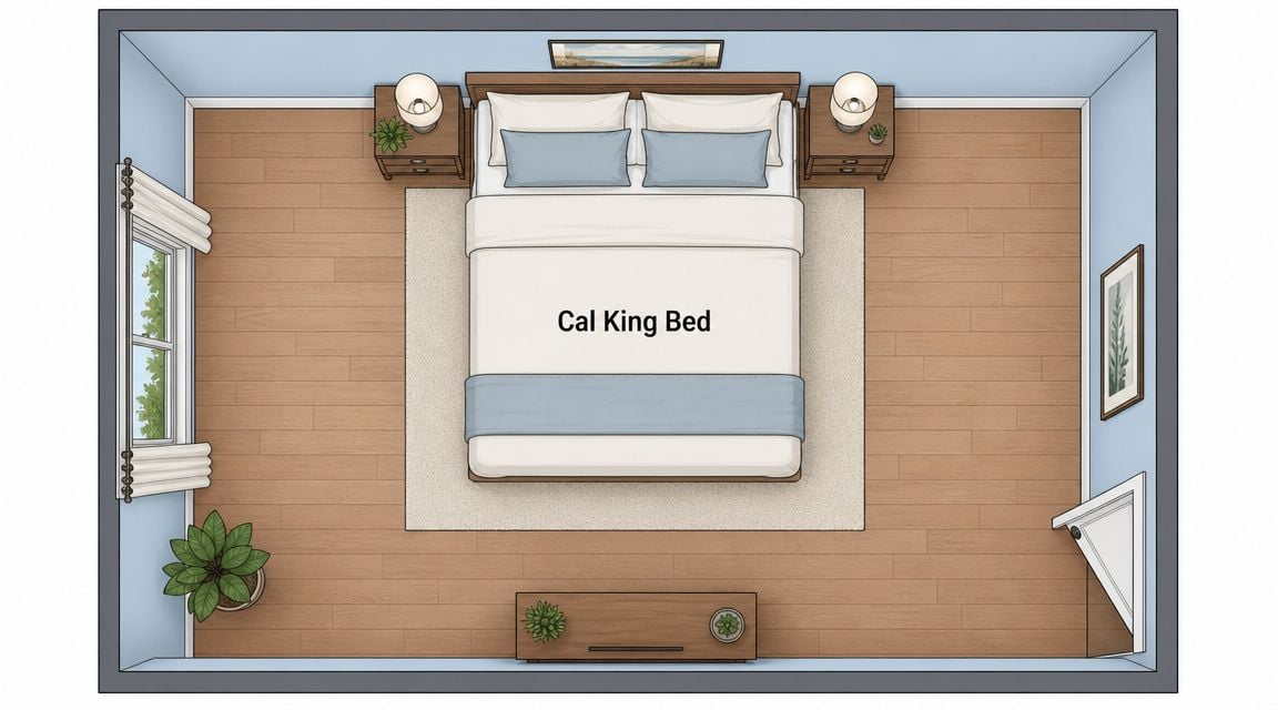 A top-down 2D floor plan layout of a bedroom featuring a California king bed and furniture.