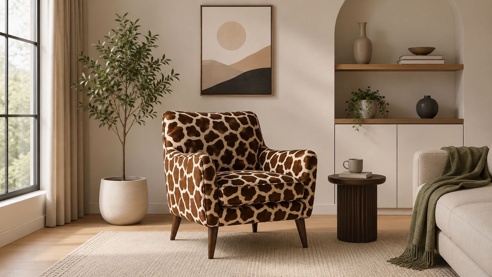 A stylish accent chair featuring a brown and white giraffe print pattern in a modern cozy living room.
