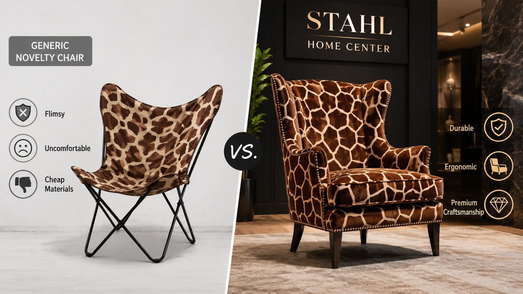 A comparison between a flimsy generic butterfly chair and a durable premium giraffe print wingback chair.