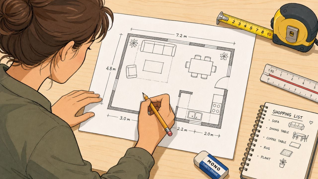 A woman sketching a floor plan on a large sheet of paper while working at her desk.