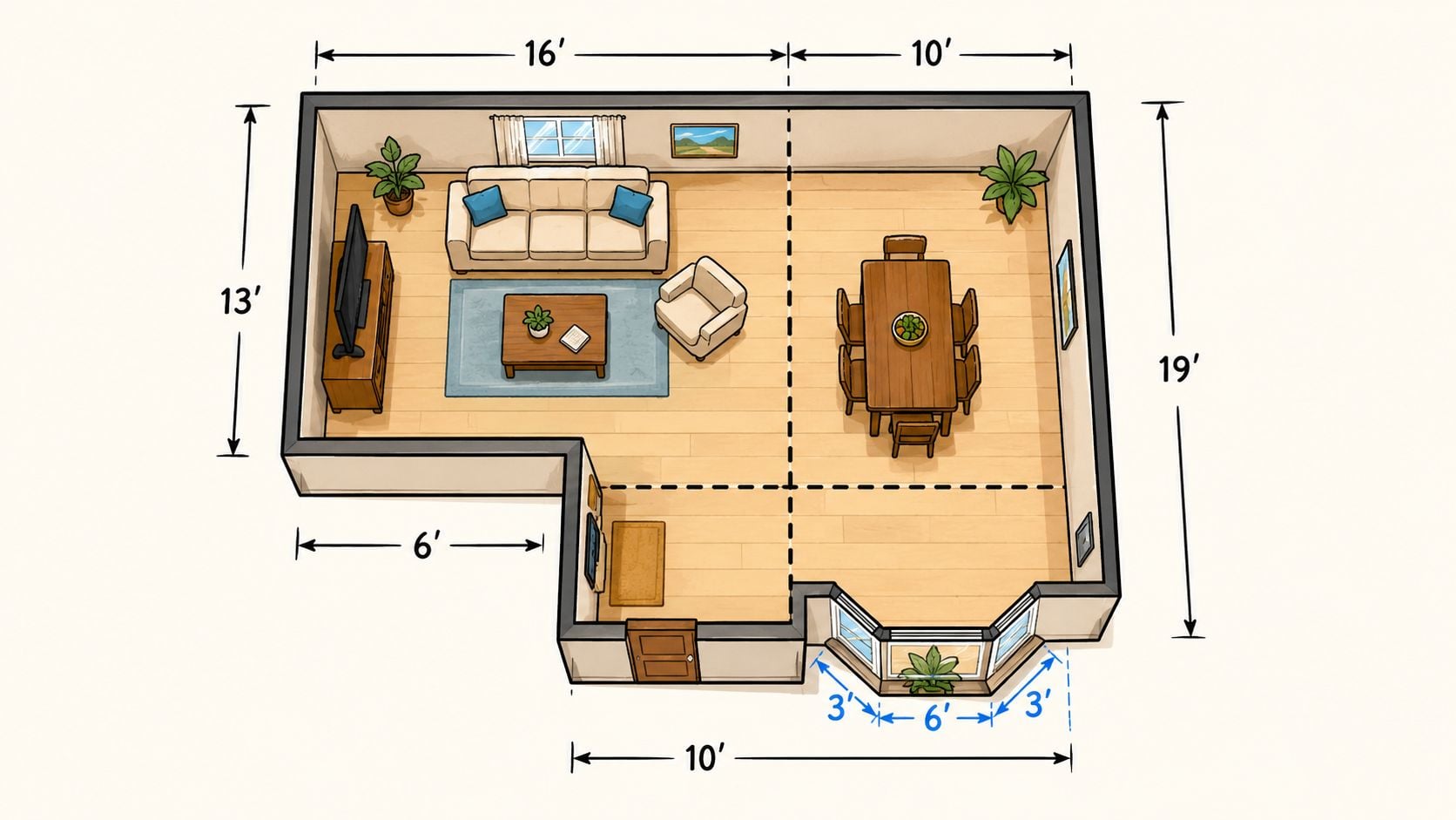 A top-down floor plan diagram illustrating how to measure dimensions of a living and dining room.