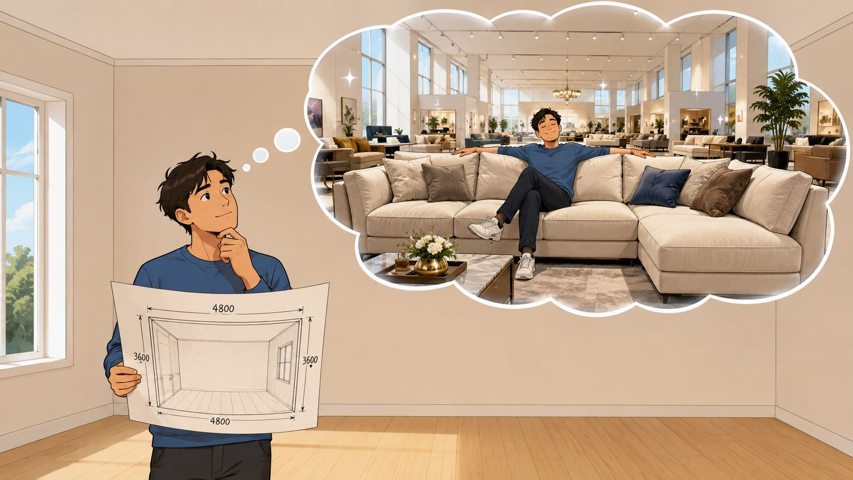 A young man holding a floor plan thinking about furnishing a new room with a large sofa.