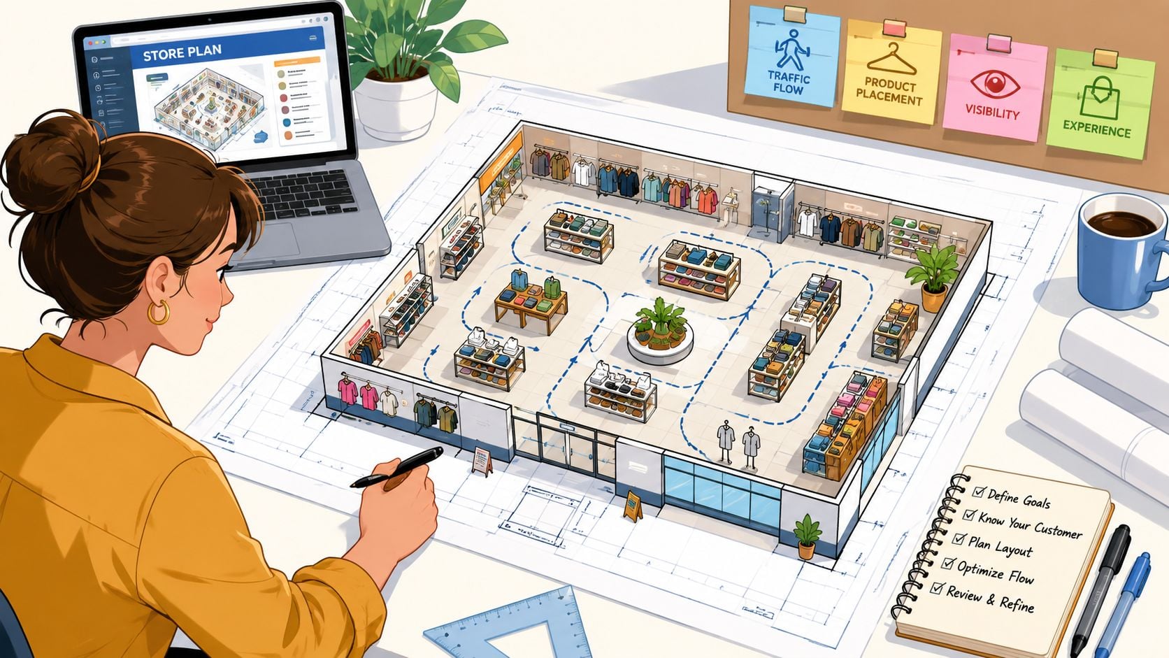 A designer sketching a retail store layout plan on a large blueprint at her desk with tools.