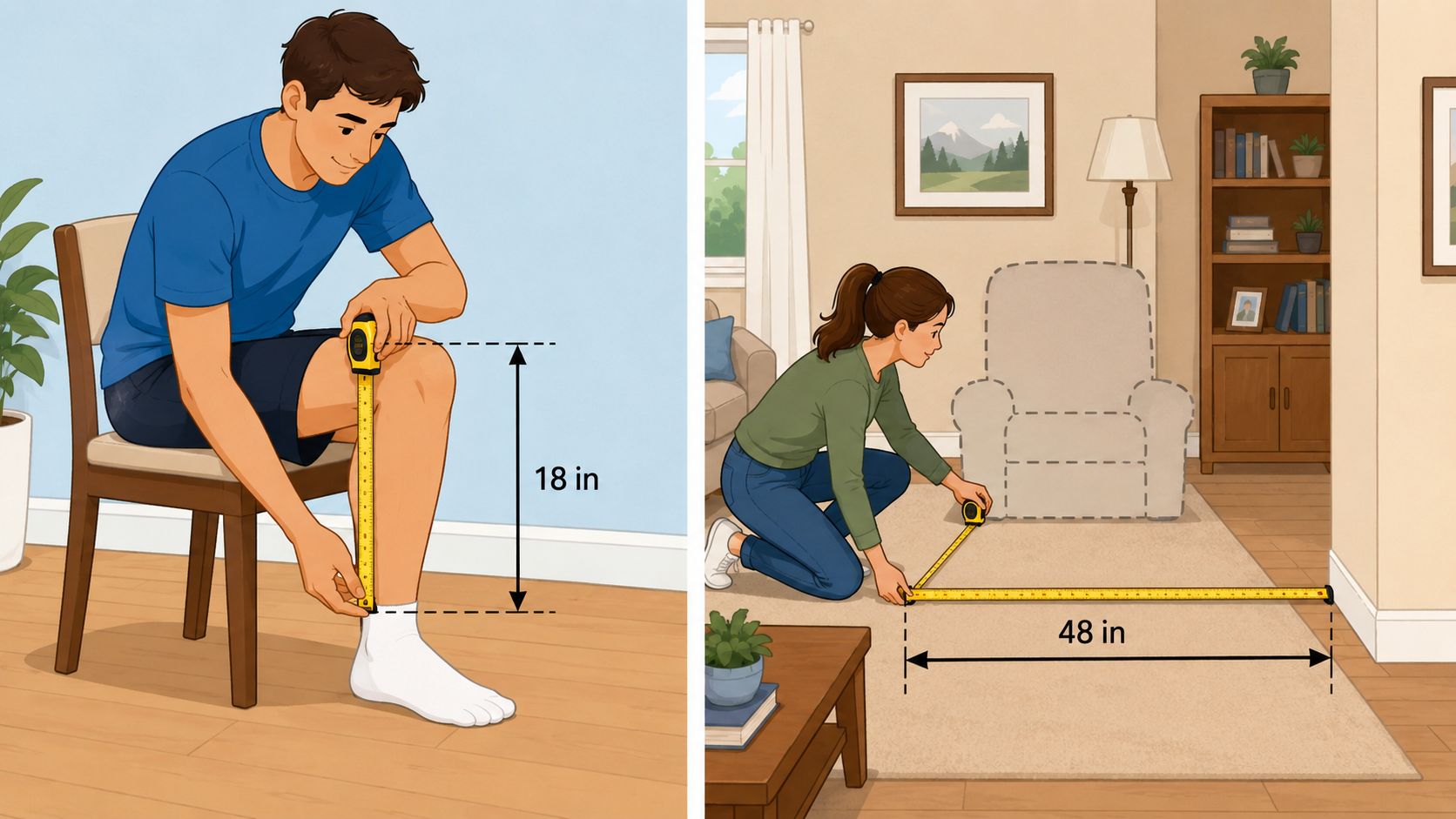 A person measuring knee height and another person measuring rug dimensions for recliner chair placement.