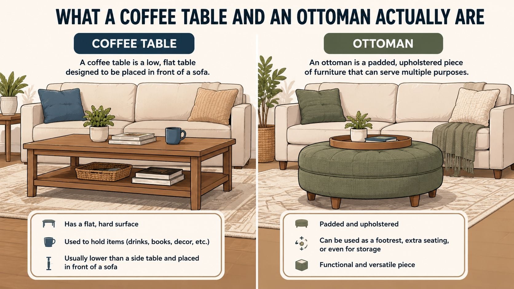 An infographic comparing the features and uses of a wooden coffee table and a padded ottoman.