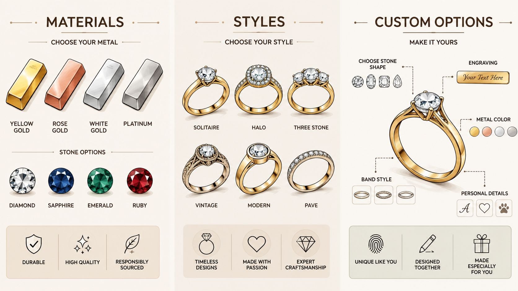 An infographic showing jewelry customization options including metal types, stone shapes, ring styles, and personalization features.