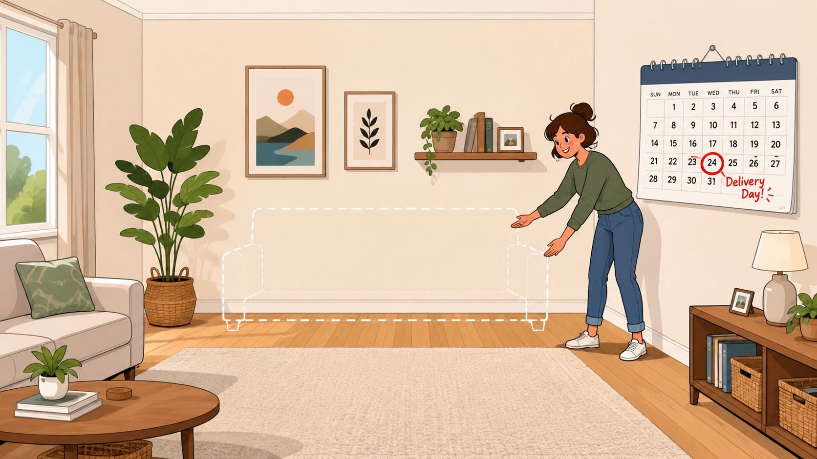 A woman excitedly pointing at a calendar marked for furniture delivery day in a cozy living room.