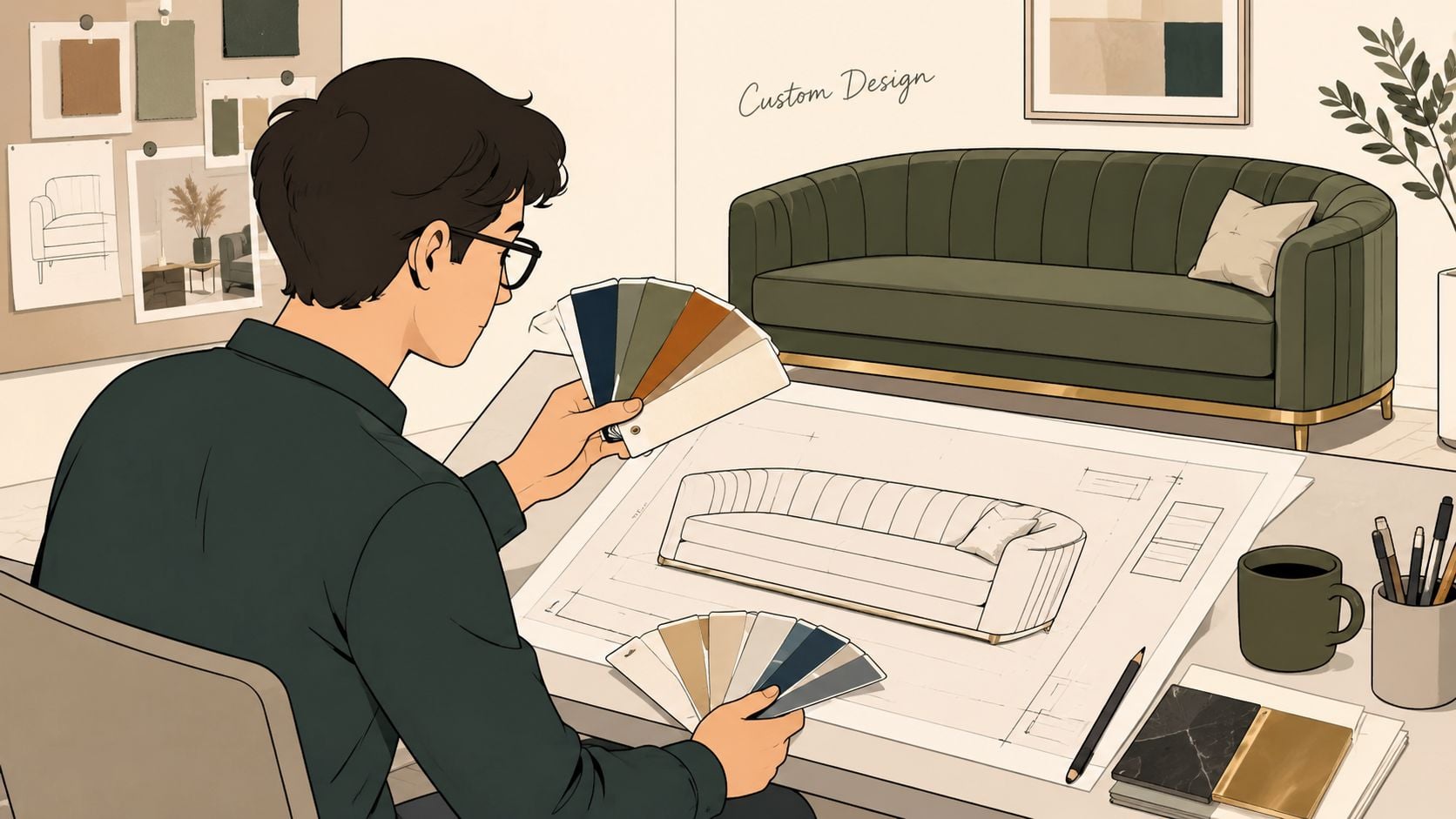 A professional interior designer reviews fabric color samples while drafting a custom sofa design in a studio.