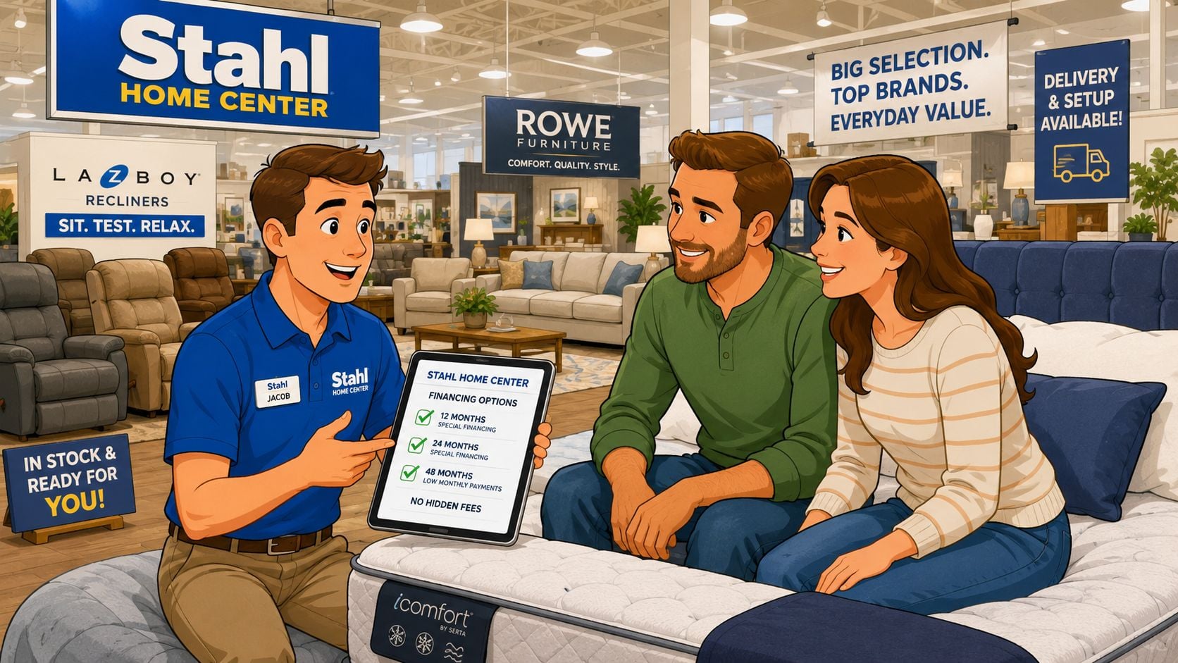 A friendly store associate explains mattress financing options to a couple while sitting in a furniture store showroom.