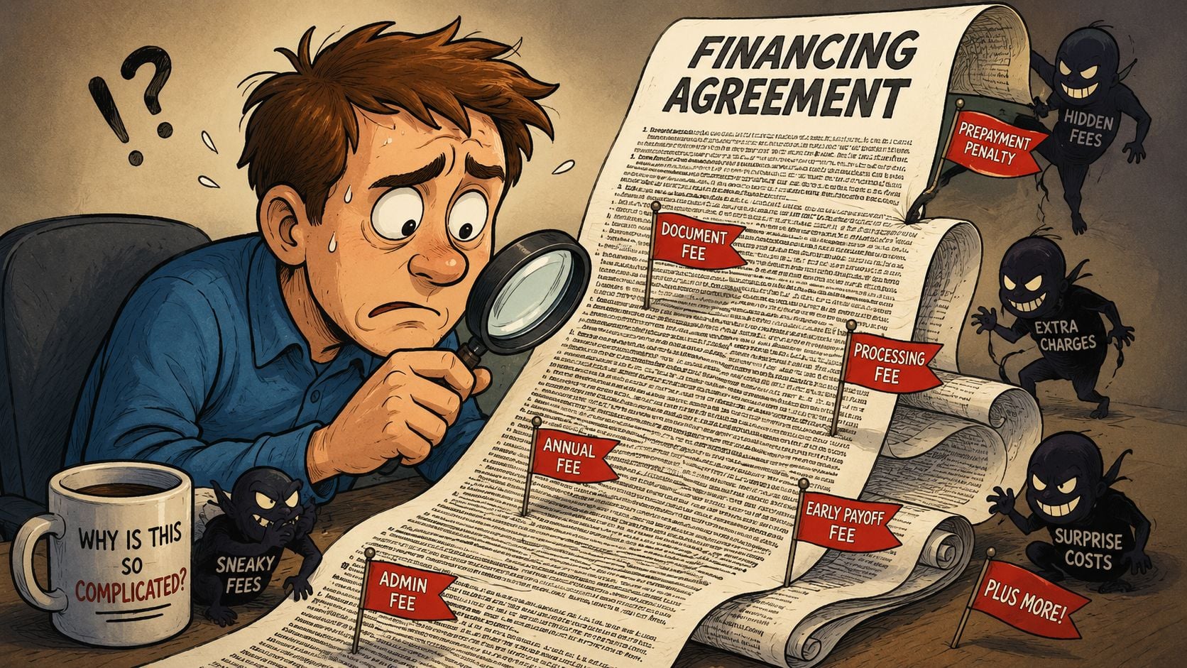 A confused person scrutinizing a complex financing agreement document filled with hidden fees and surprise charges.