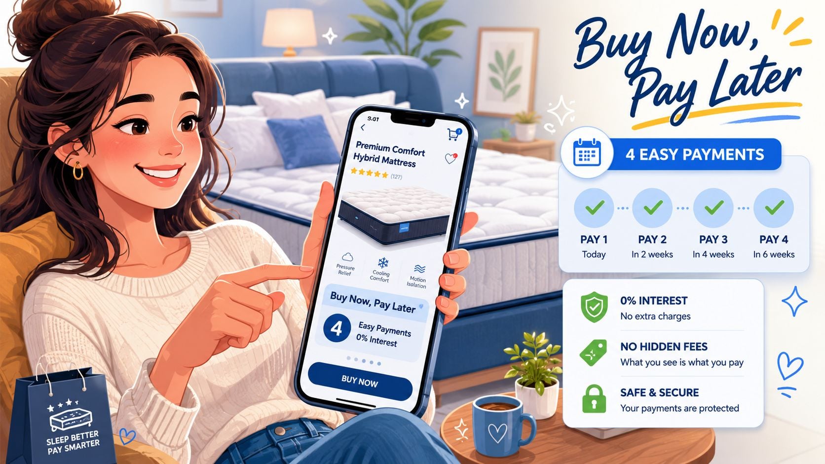 A happy woman browsing a mattress online on her phone to explore buy now pay later financing options.