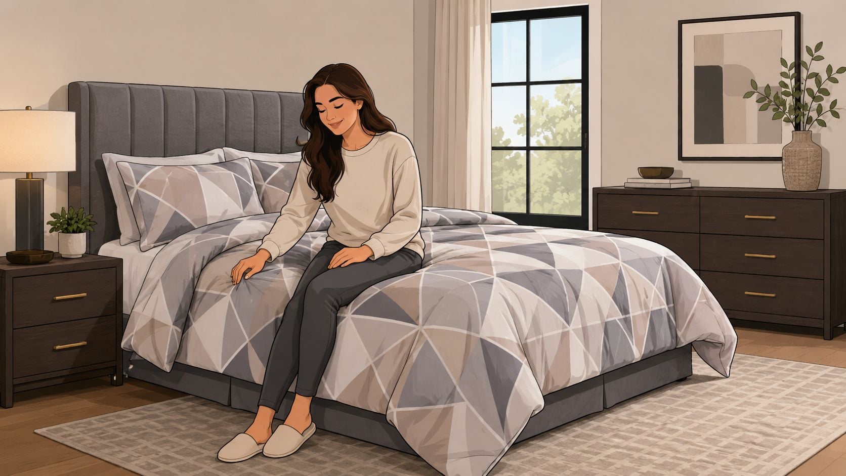 A woman sits on a bed covered with a modern geometric pattern comforter set in a cozy bedroom.