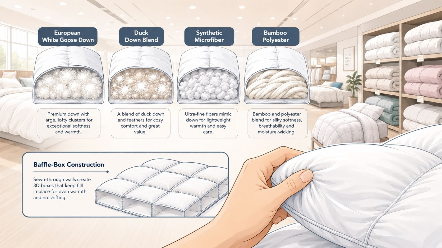 An educational infographic comparing various comforter fill materials like down, microfiber, and bamboo with baffle-box construction details.
