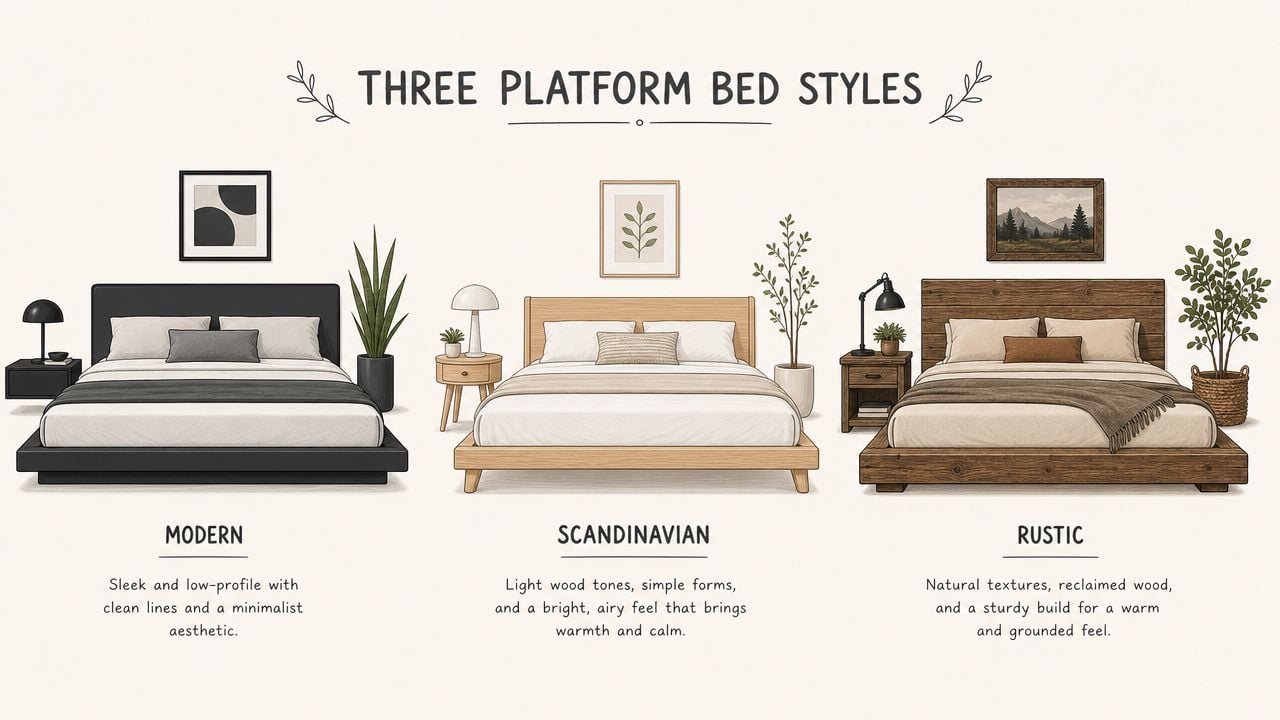 An infographic illustrating three distinct platform bed styles including modern, Scandinavian, and rustic interior design examples.