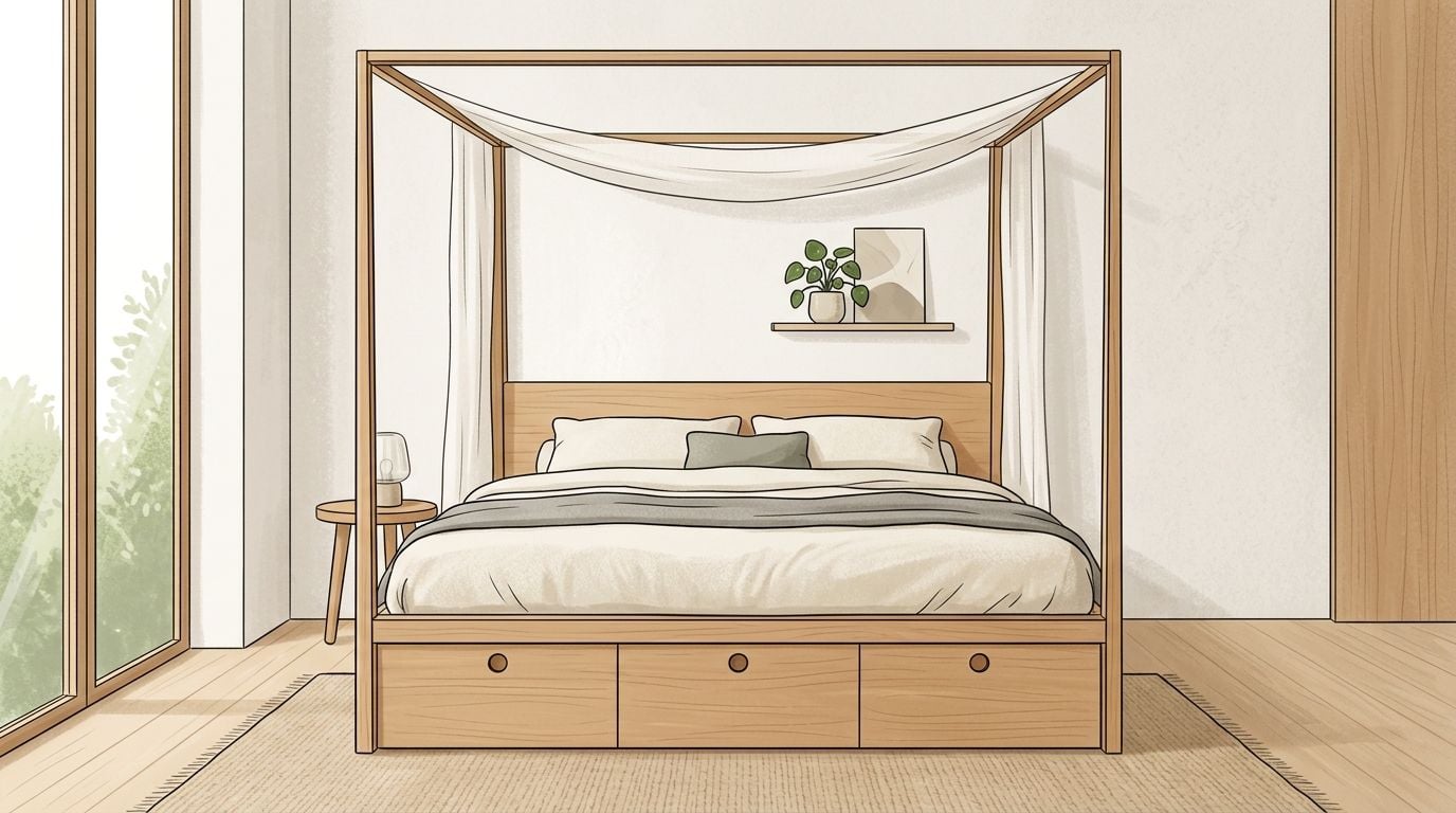 A modern wooden canopy platform bed with built-in storage drawers in a minimalist bedroom setting.