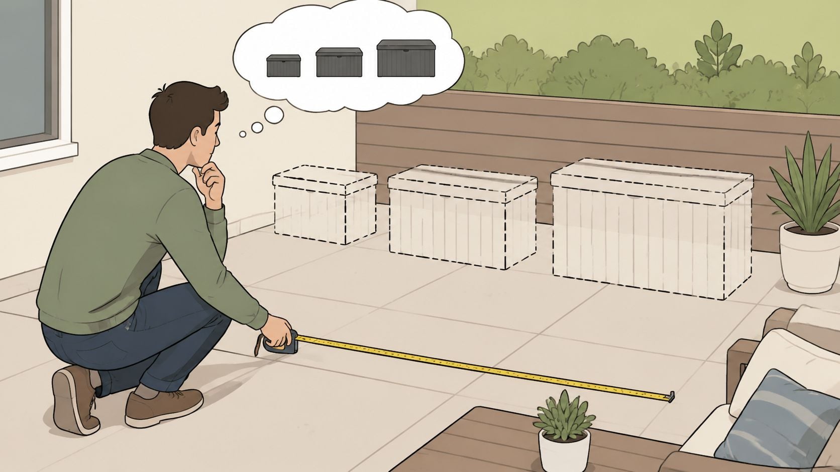 A man measuring his patio floor to determine the best size for a new storage box