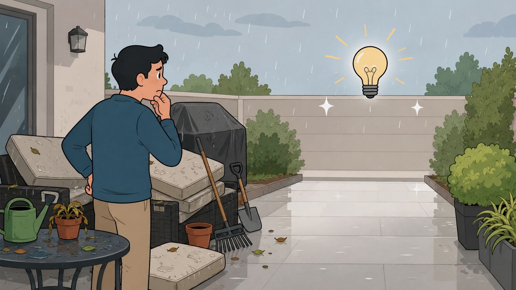 A man in a rainy backyard contemplating storage solutions near furniture, needing a polywood storage box.