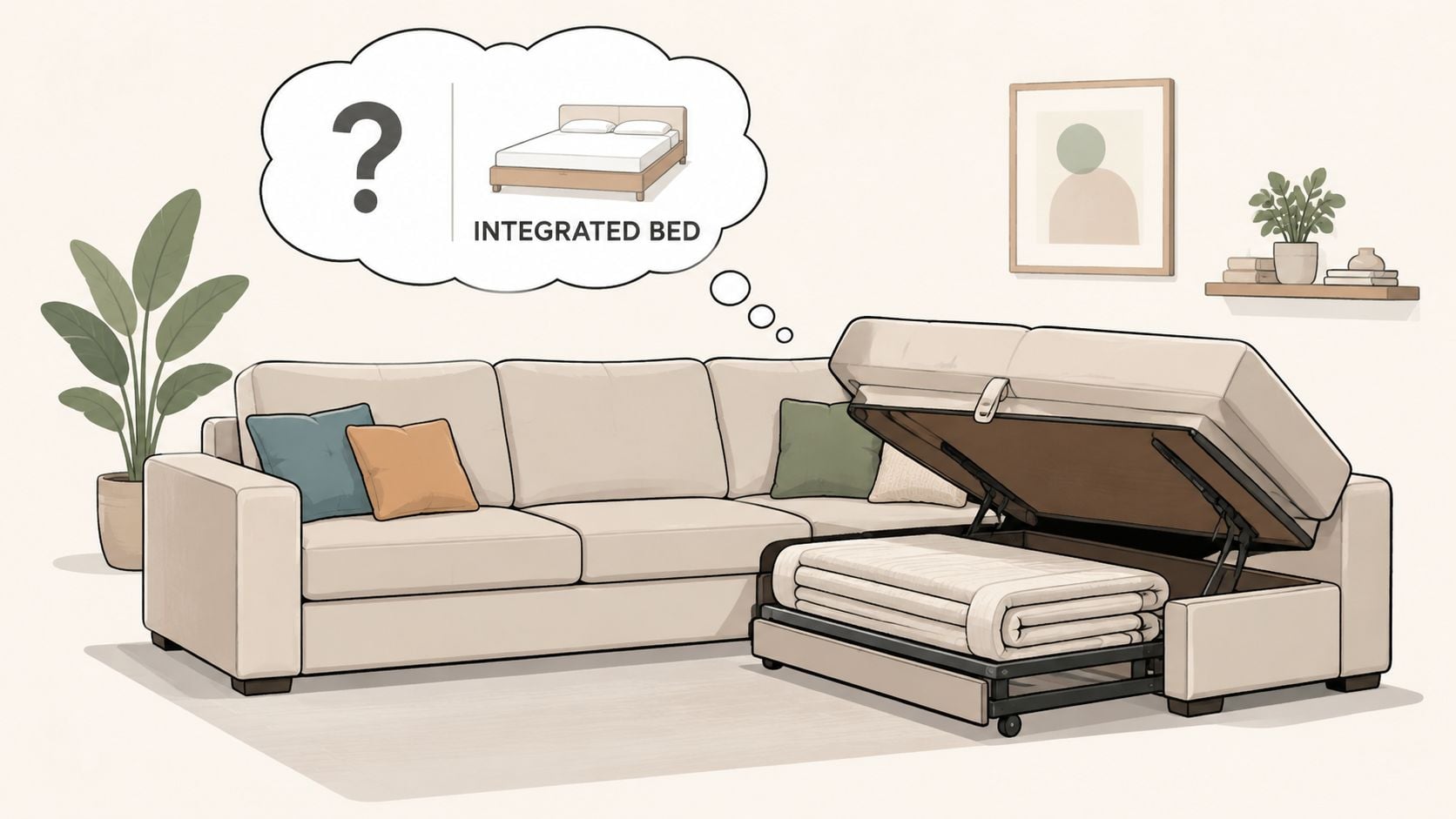 An illustration of a modern sectional sofa with an integrated pull-out bed mechanism revealed underneath the seat.