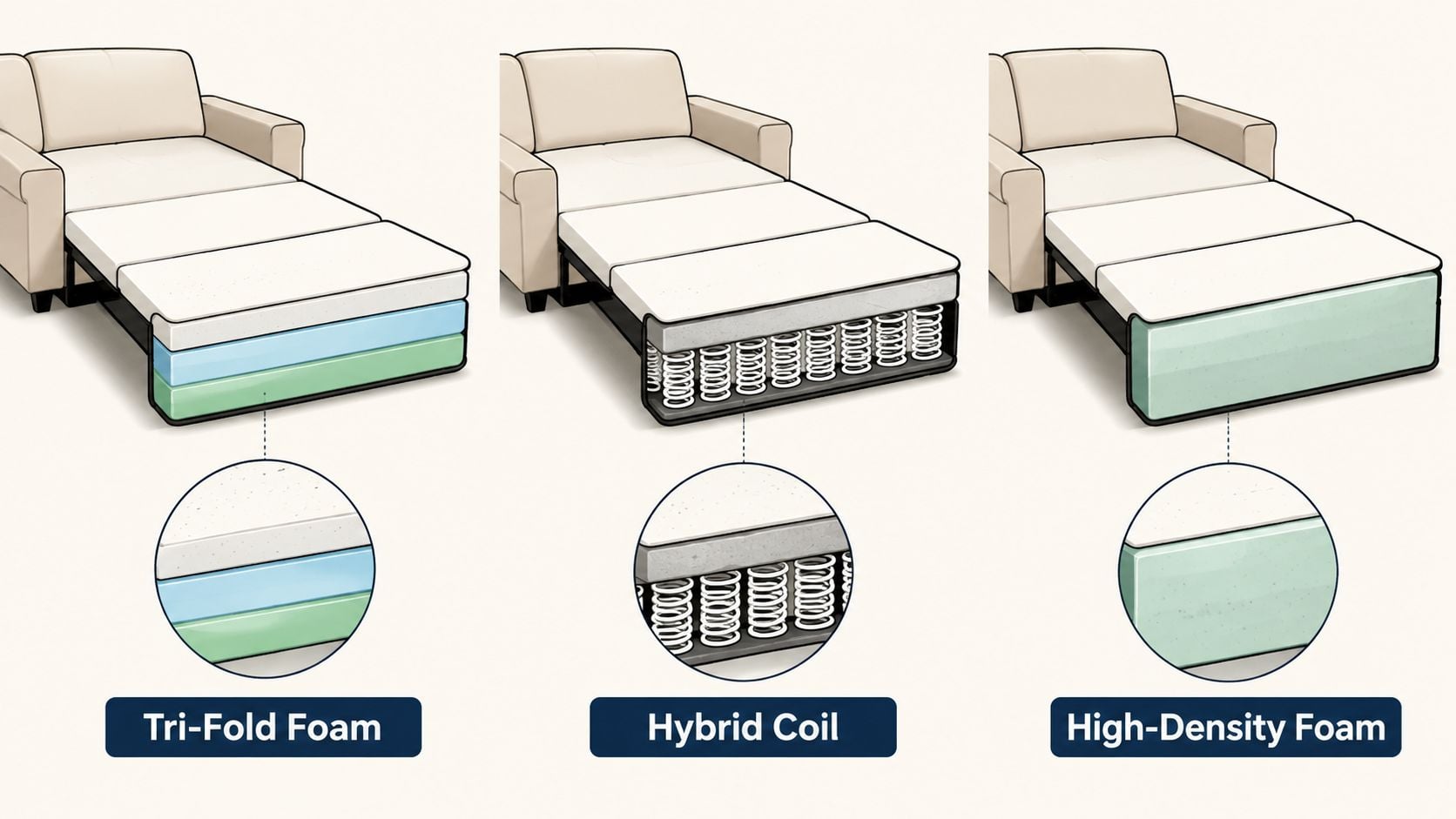 Three different sofa bed mattress types shown as cross-sections: Tri-Fold Foam, Hybrid Coil, and High-Density Foam.