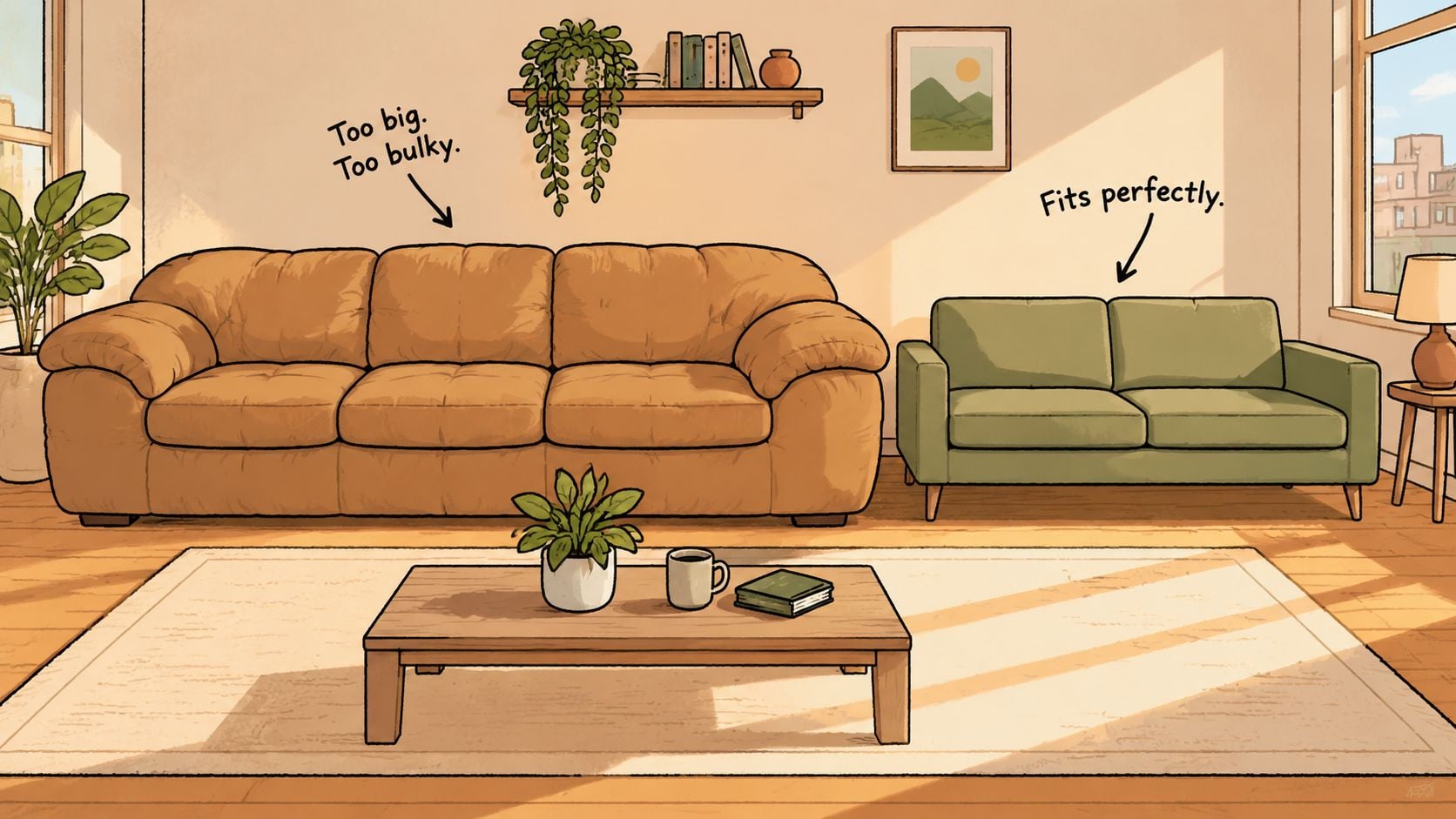 An illustration comparing a large, bulky brown sofa with a sleek green sofa perfect for small living spaces.