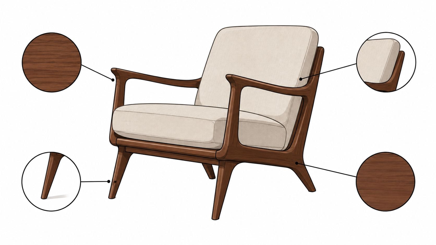 A digital design illustration of a mid-century modern wooden armchair with beige fabric cushions.