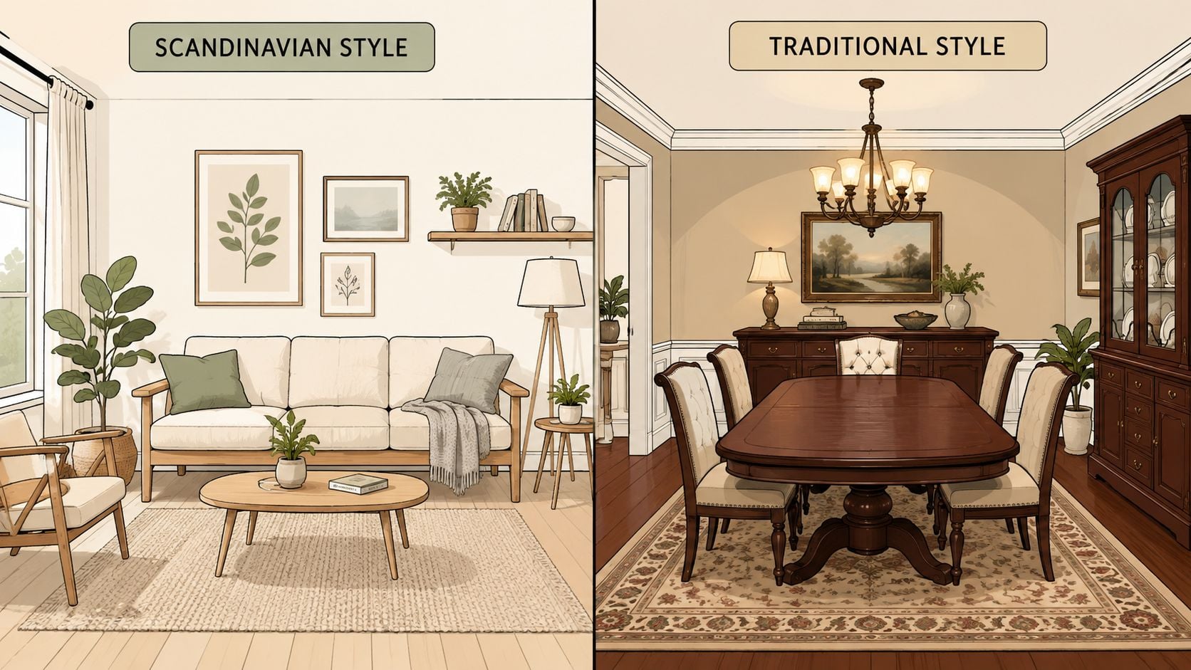 A split image comparing Scandinavian living room design with traditional wooden dining room interior style.