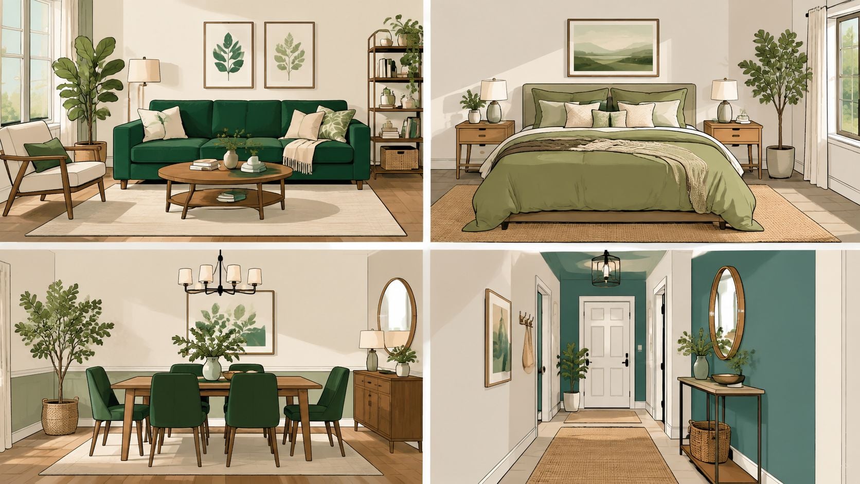 A collage showing four cozy rooms featuring green furniture, natural wood accents, and indoor plants in home decor.