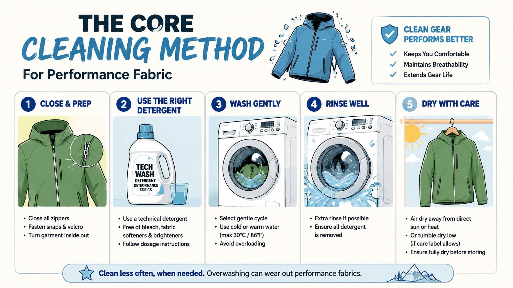 A five-step infographic guide explaining how to properly wash and care for performance fabric clothing items.
