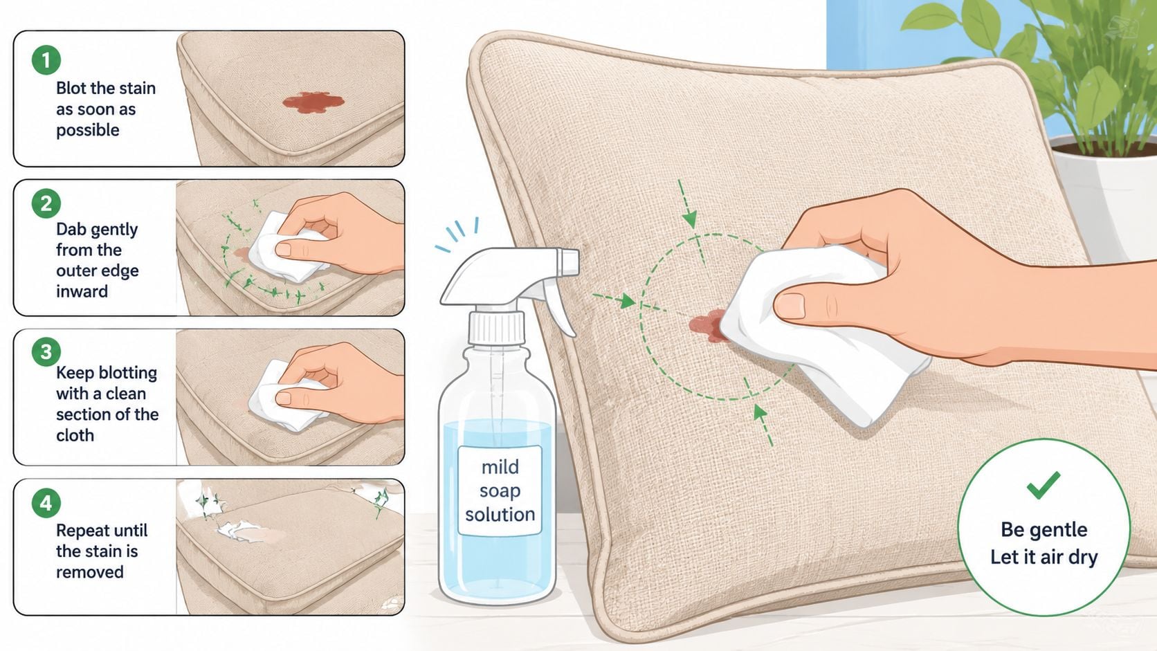 An instructional graphic showing four steps to clean a stain off performance fabric using soap solution.