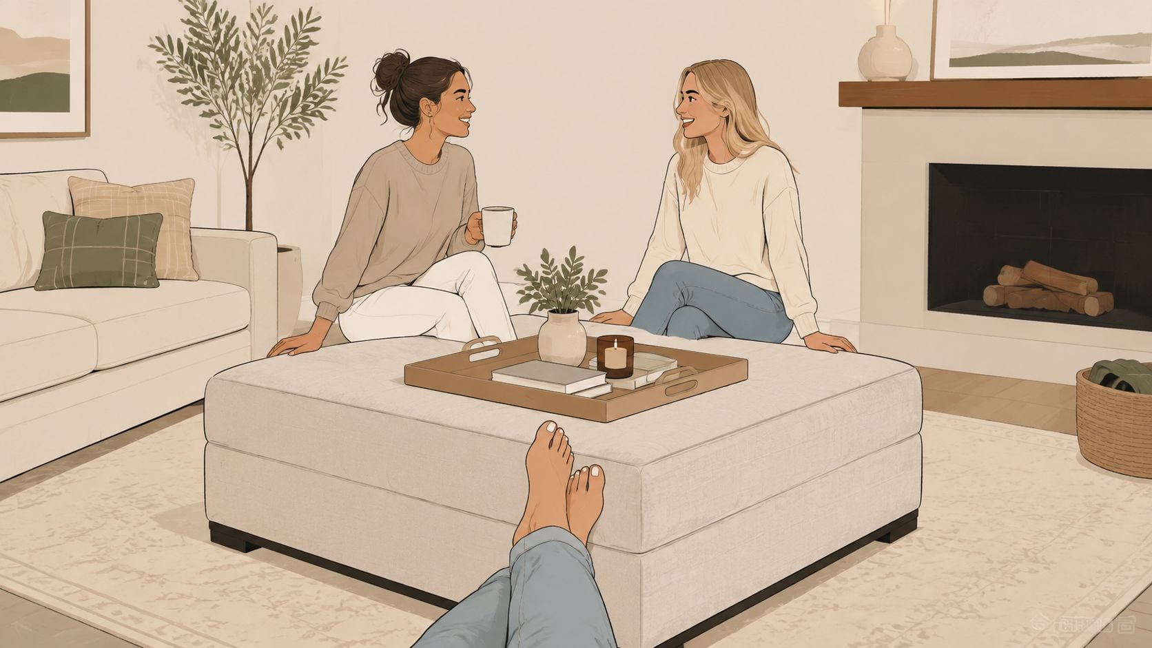 Two women chatting while sitting comfortably in a bright living room near a large square ottoman