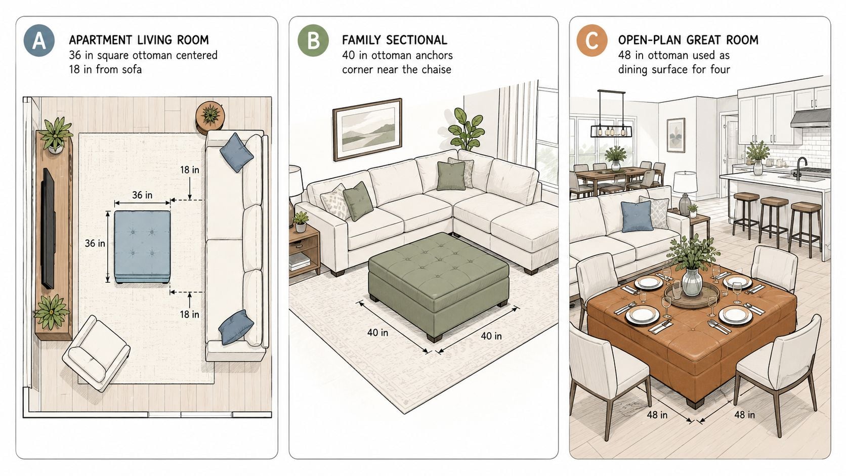 A diagram illustrating three different room layout configurations featuring large square ottomans for home interior design.
