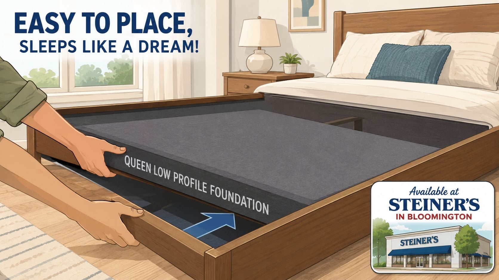 A person installing a gray queen low profile foundation into a wooden bed frame in a bedroom.