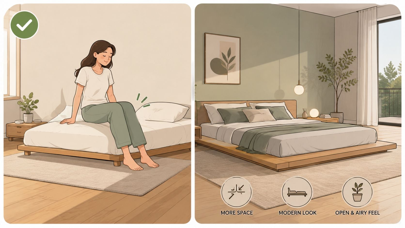 A woman sits on a wooden low-profile queen bed frame in a modern minimalist bedroom setting.