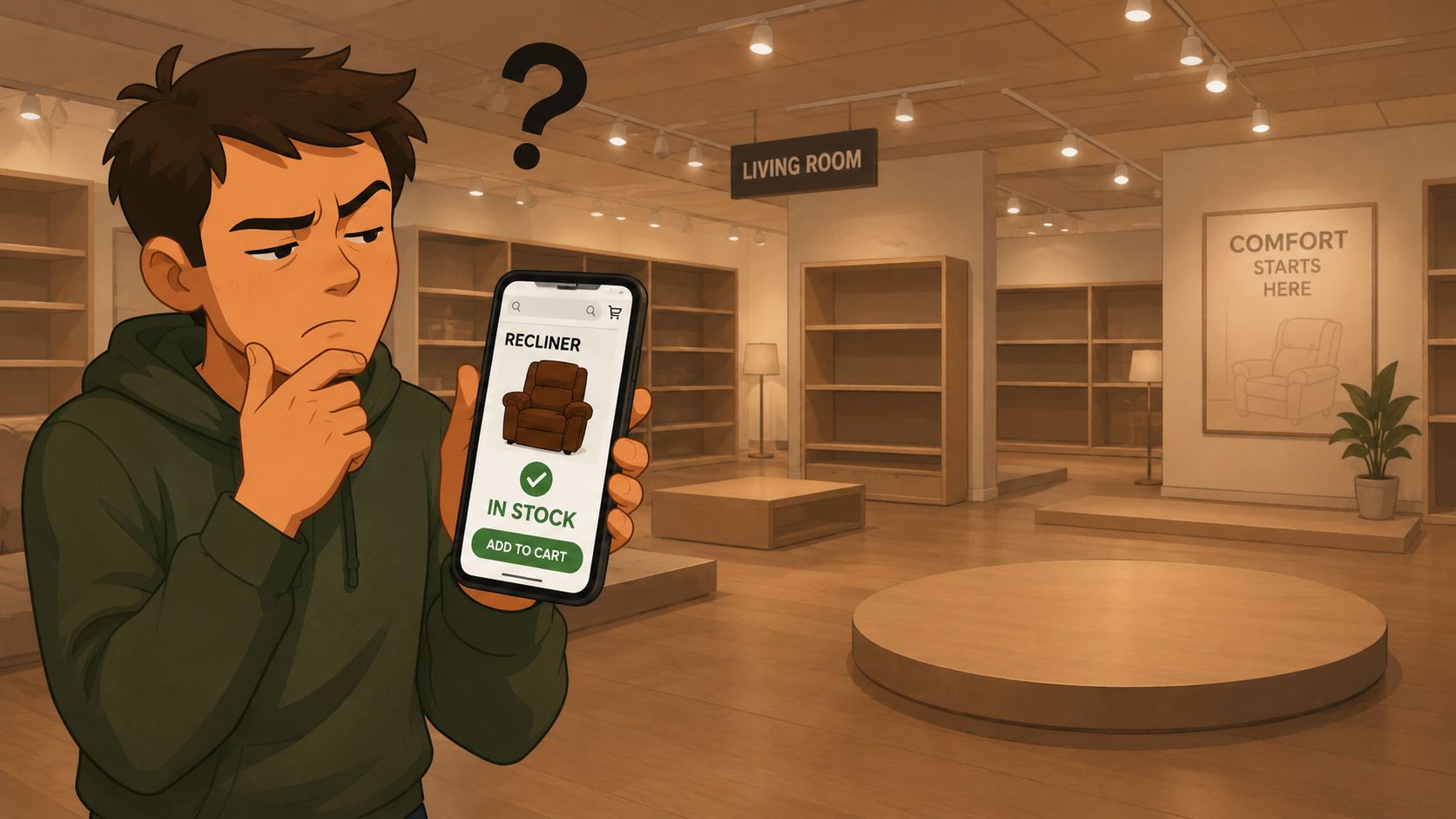 A confused man in a furniture store checking his phone for a recliner in stock online.