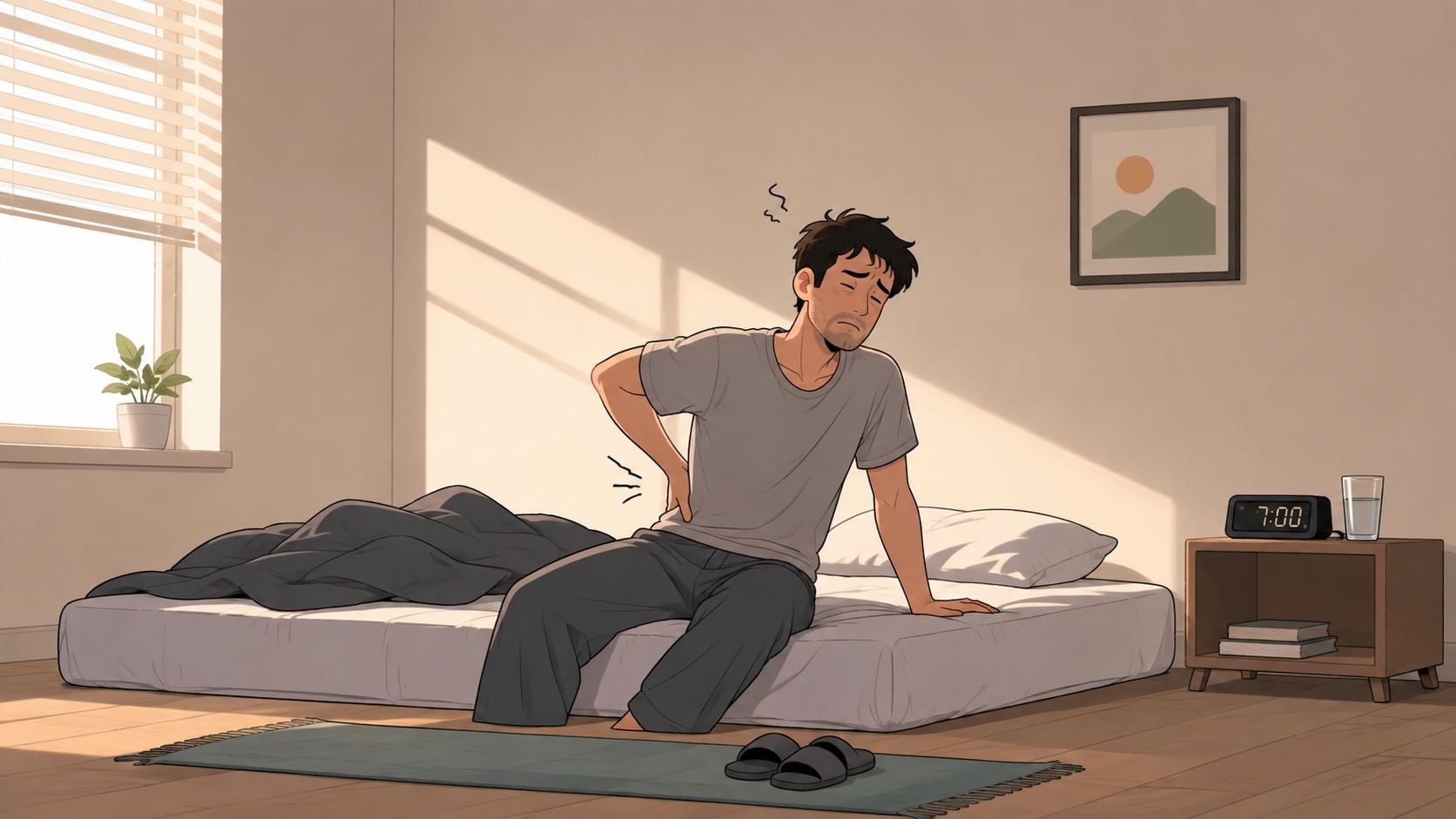 A man sitting on the edge of his bed in the morning, holding his lower back in pain.
