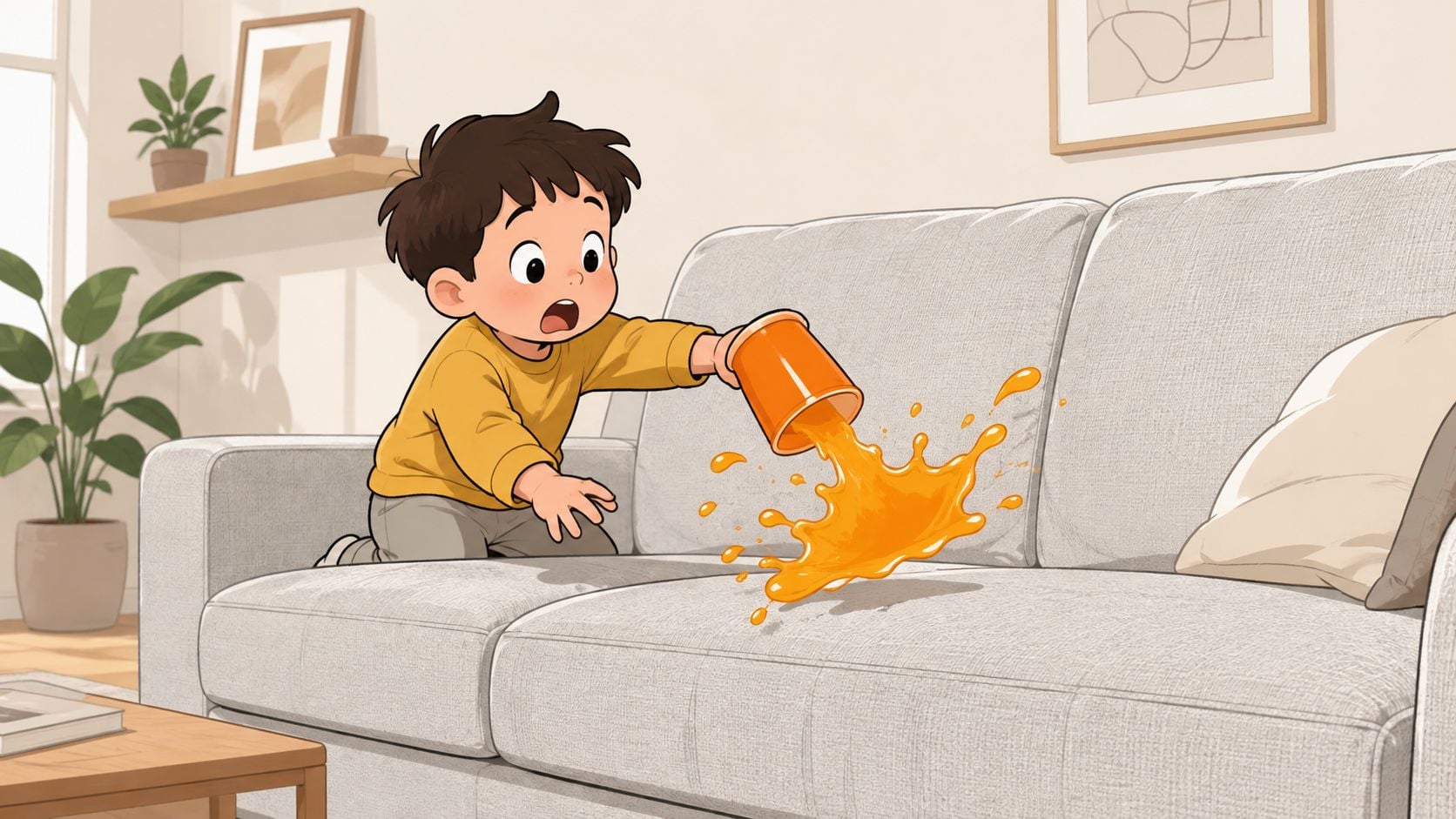A surprised young boy accidentally spills orange juice onto a light gray sofa fabric cushion.