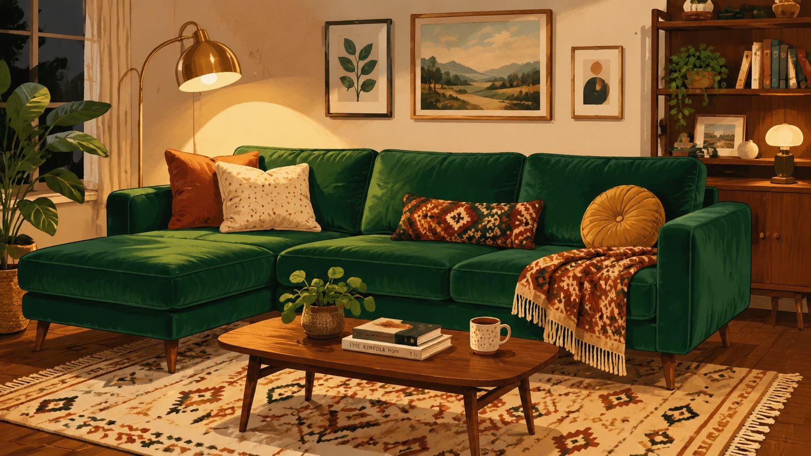 A cozy, stylish living room featuring a plush green velvet sectional sofa, warm lighting, and bohemian decor.