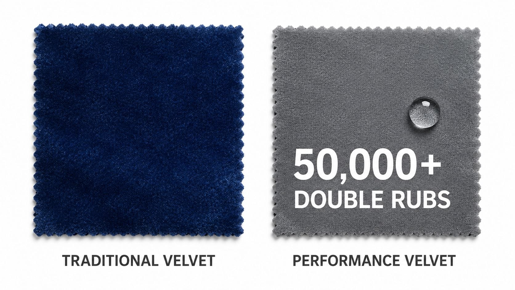 A comparison between a blue traditional velvet swatch and a gray performance velvet swatch with water resistance.