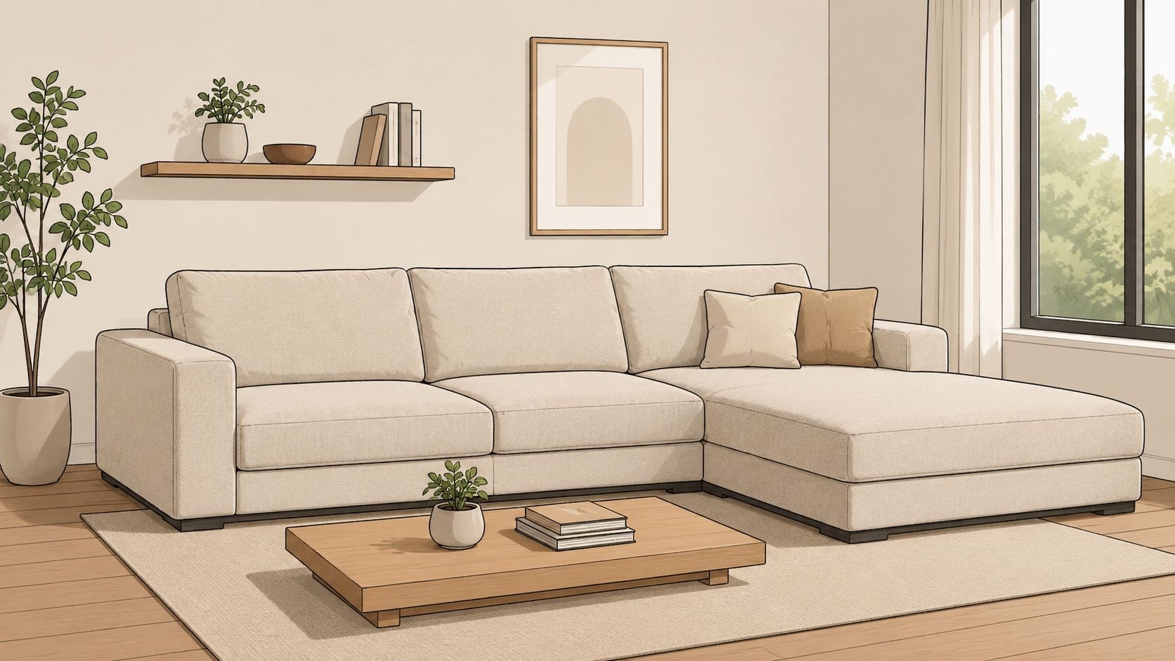 A modern beige sectional sofa with a chaise lounge in a minimalist, sunlit living room setting.
