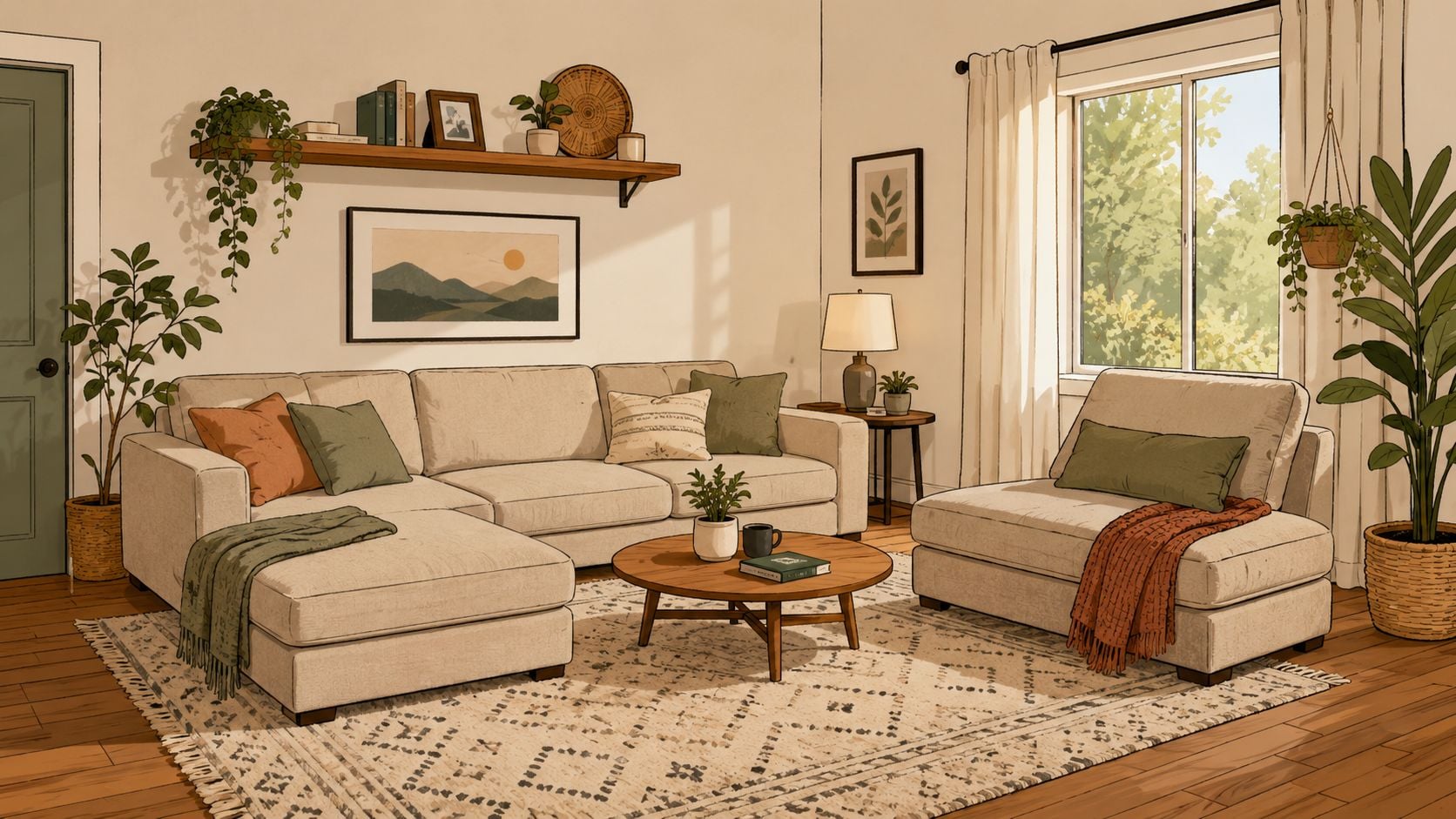 A cozy living room featuring a beige sectional sofa with a chaise and matching chair in a sunny space.