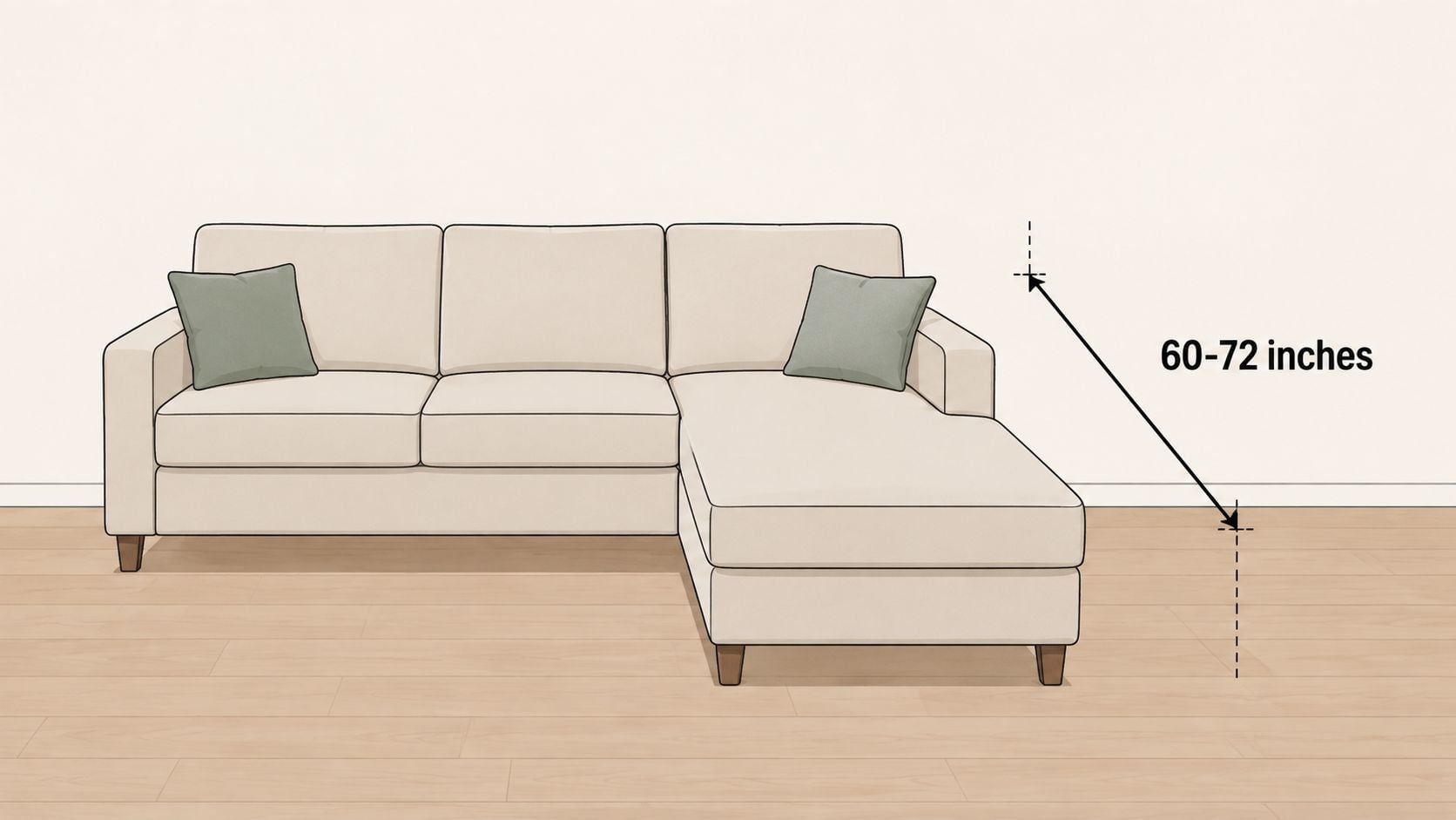 A digital illustration showing the floor-to-ceiling height measurement of a chaise sectional sofa in inches.