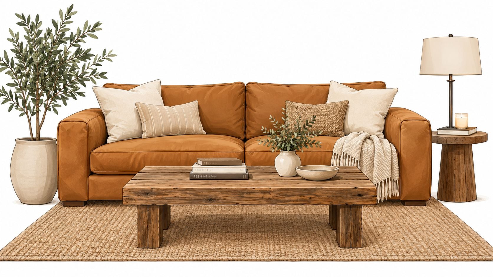 A caramel leather couch centered in a cozy living room with a rustic coffee table and decor.