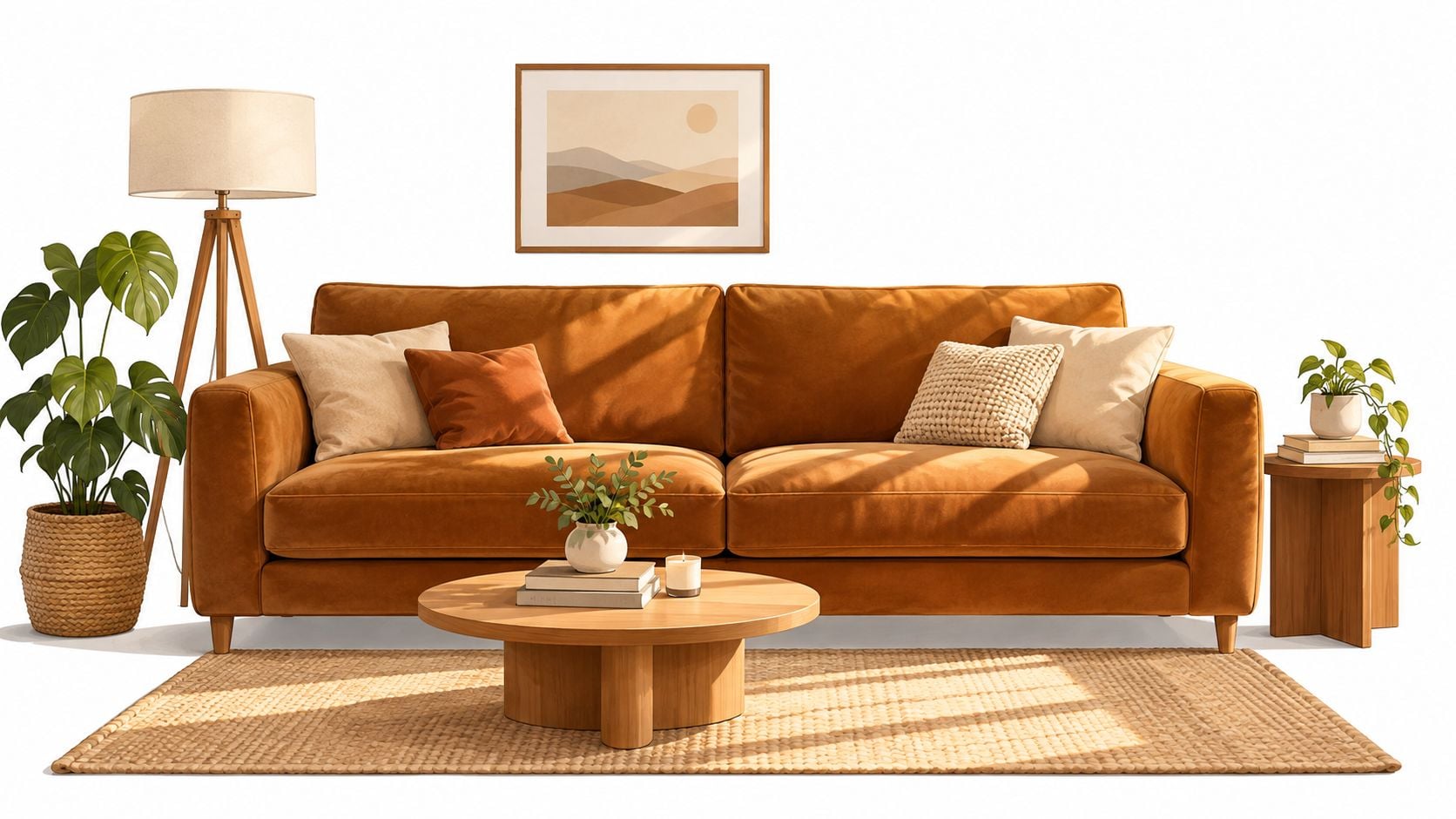 A luxurious caramel-colored velvet sofa in a bright modern living room with a round wooden coffee table.