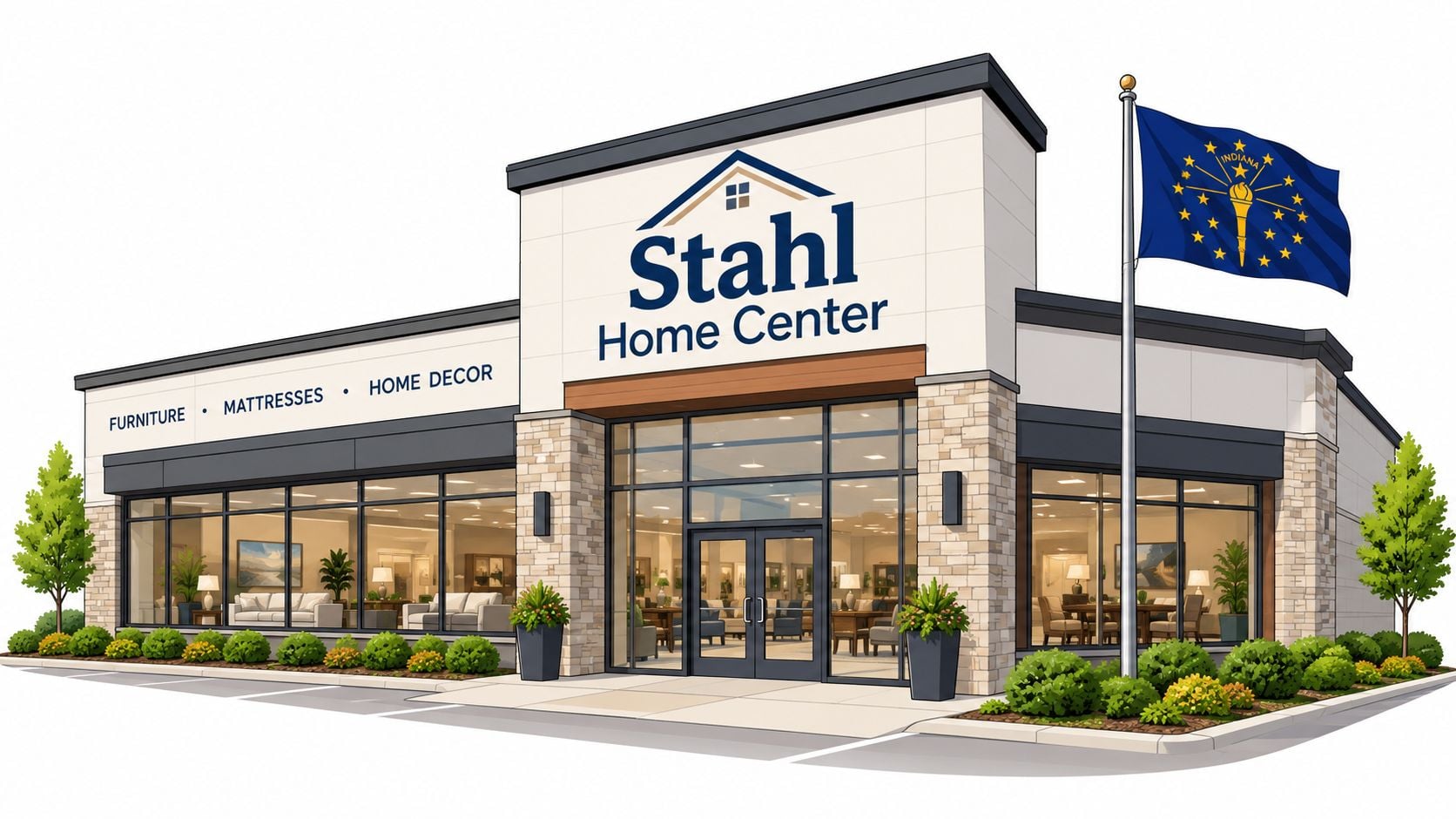 A modern storefront for Stahl Home Center featuring large display windows, signage, and an Indiana state flag.