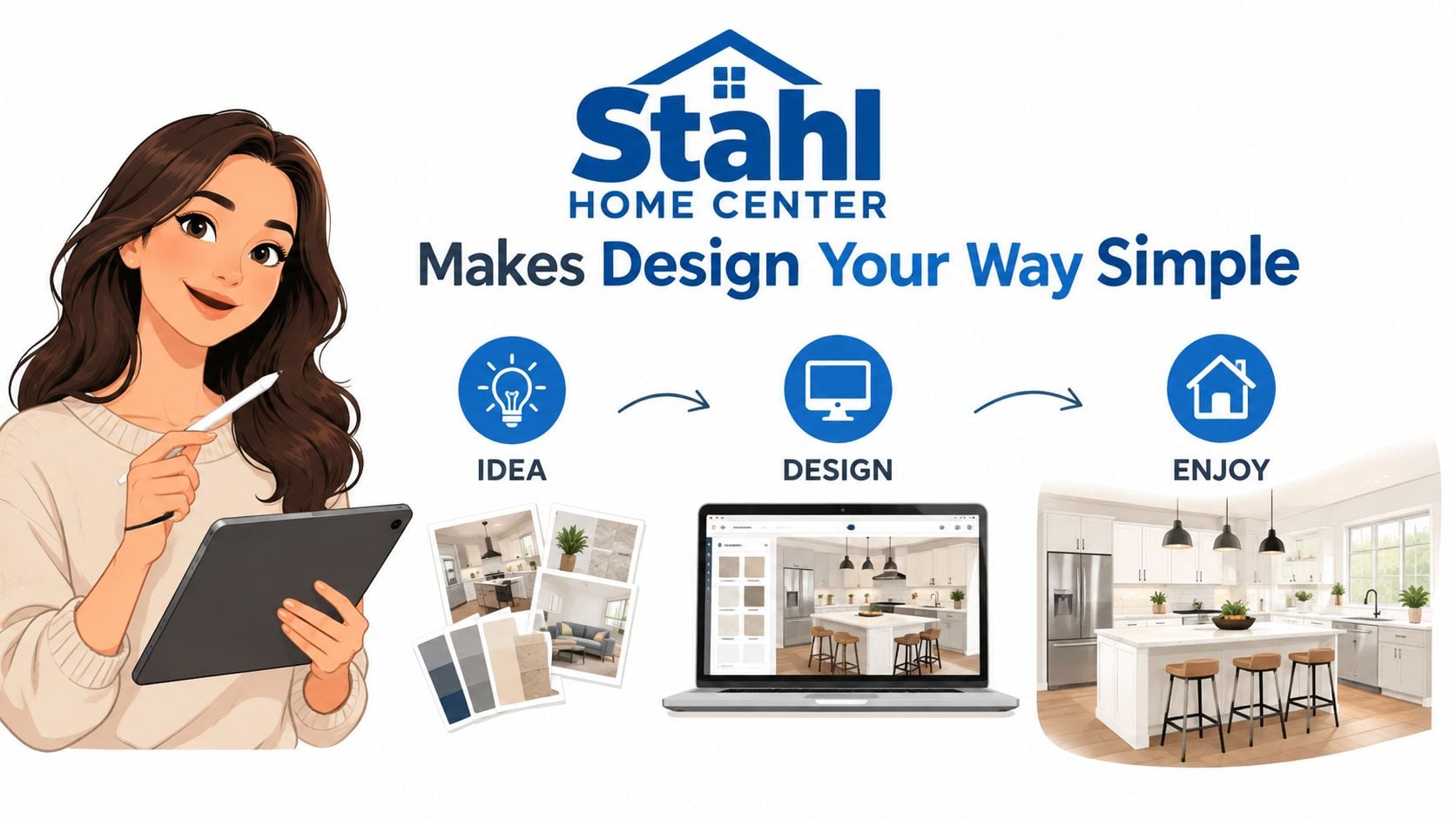 A digital illustration showing the simple process of designing custom home furniture using tablet and laptop.