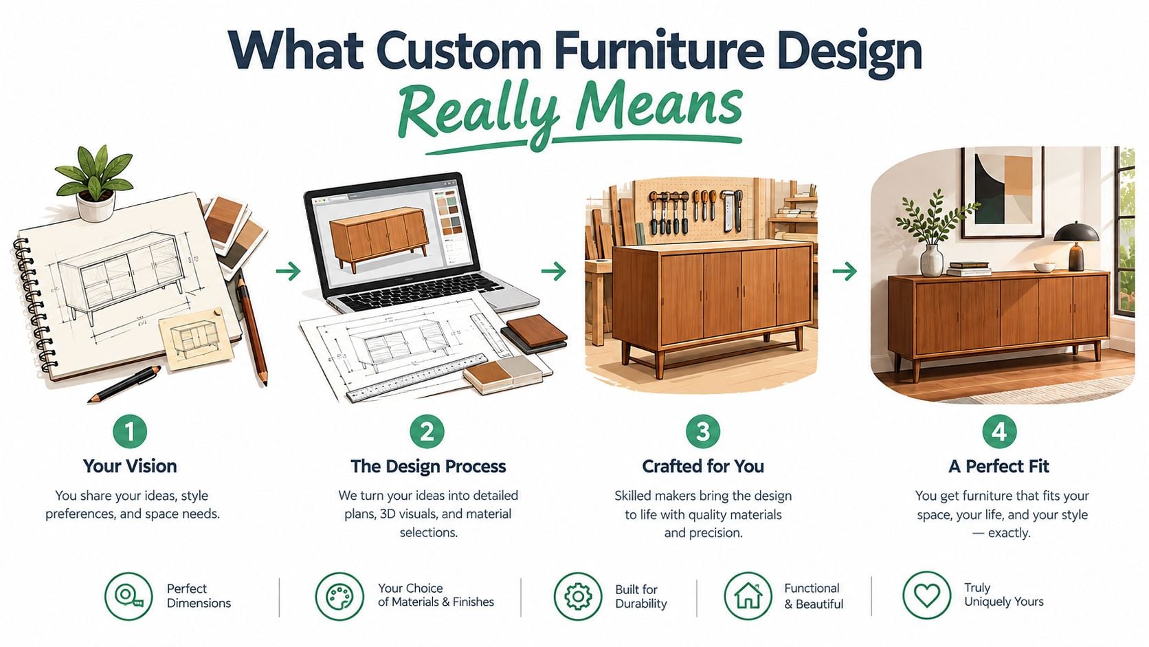 A four-step infographic illustrating the custom furniture design process, from initial sketching to the finished product.